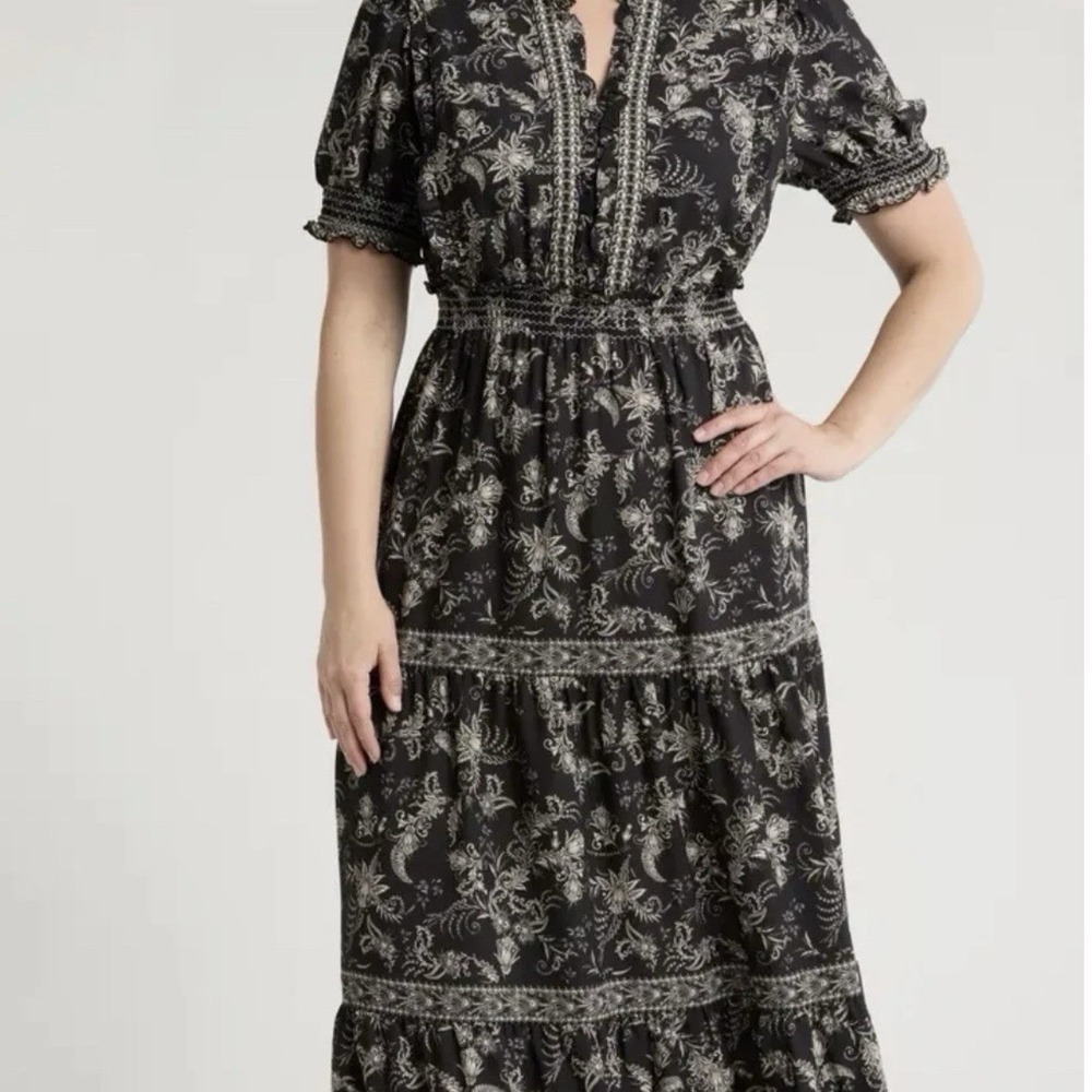 Max Studio Plus 1X Crepe Maxi Dress Black Ivory Floral Smocked Boho Puff Sleeve